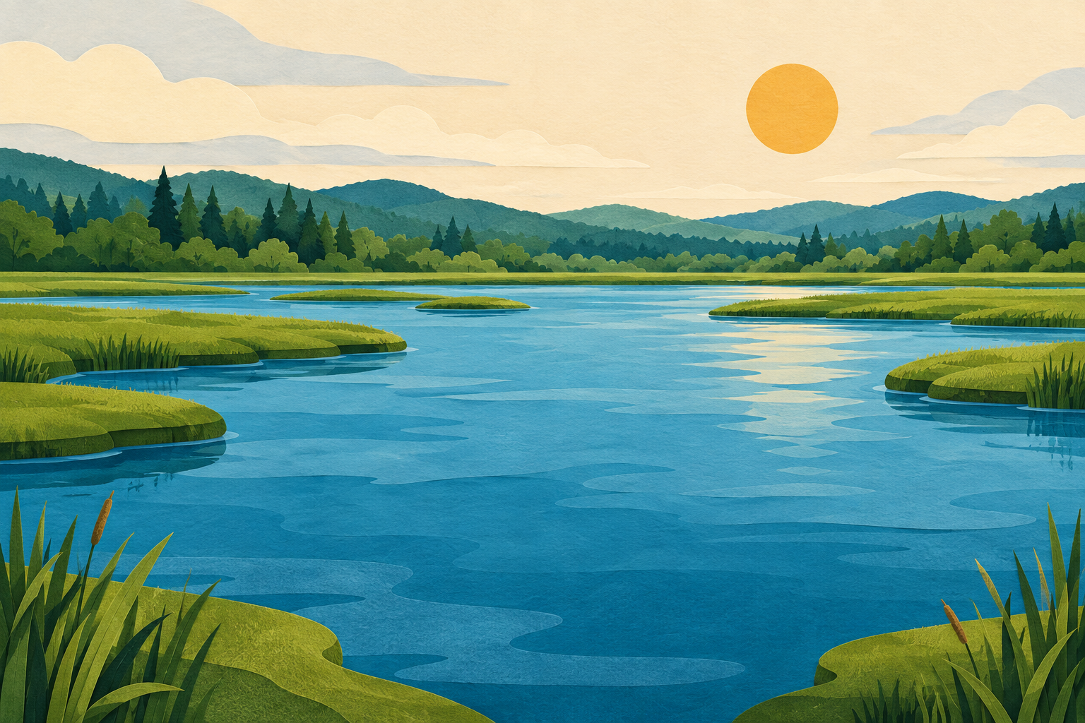 Illustrated wetland with a pond, marsh banks, distant trees and open sky.